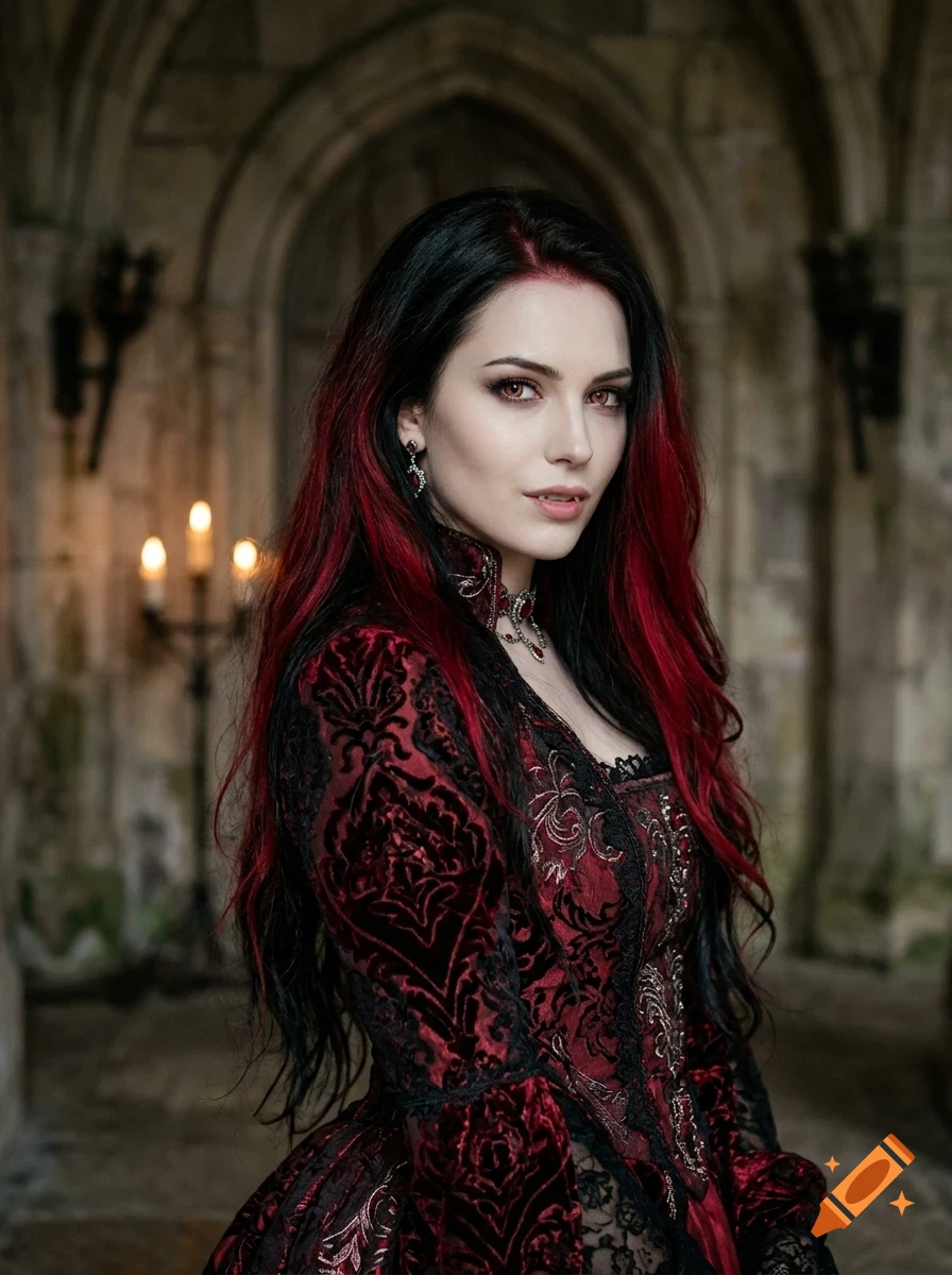 A portrait of a woman with long black and red hair wearing a dark red ornate dress in a stone hallway with arches.
