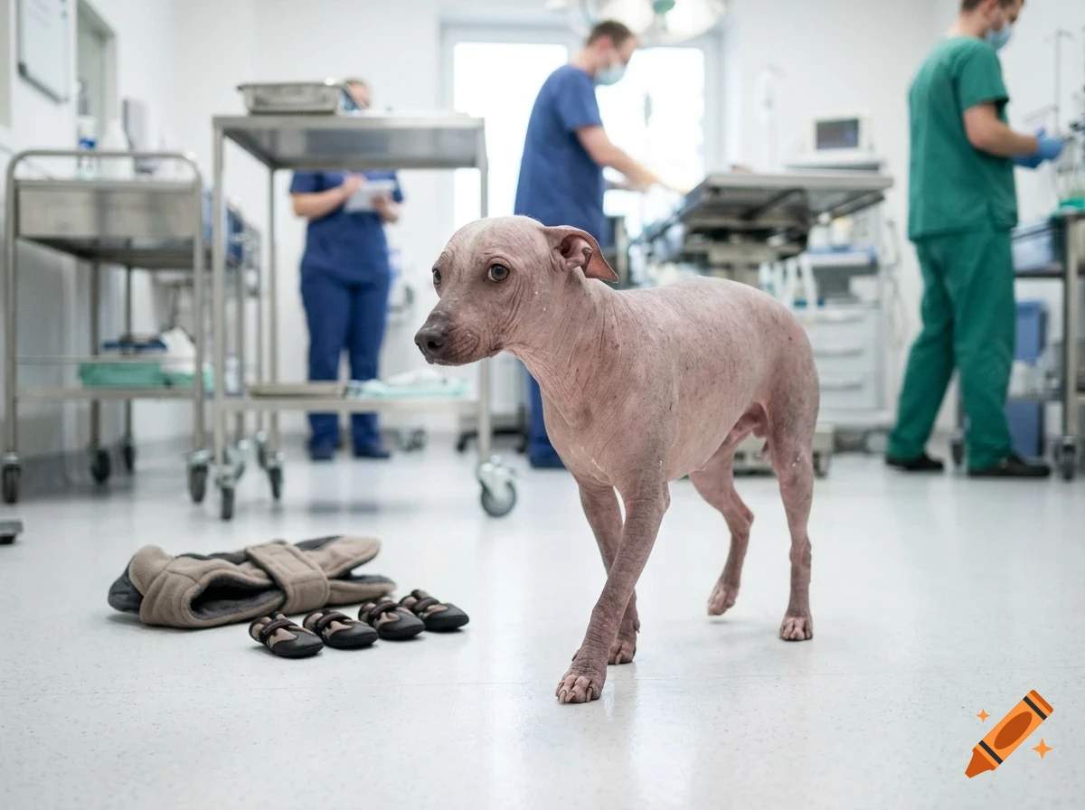 An American Hairless Terrier dog standing in a veterinary clinic with medical staff in the background.