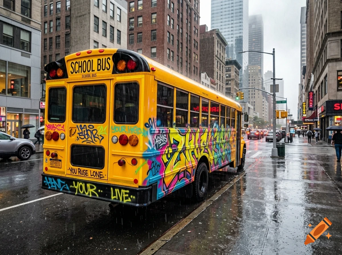 A yellow school bus covered in colorful graffiti parked on a wet city street lined with tall buildings on a rainy day.