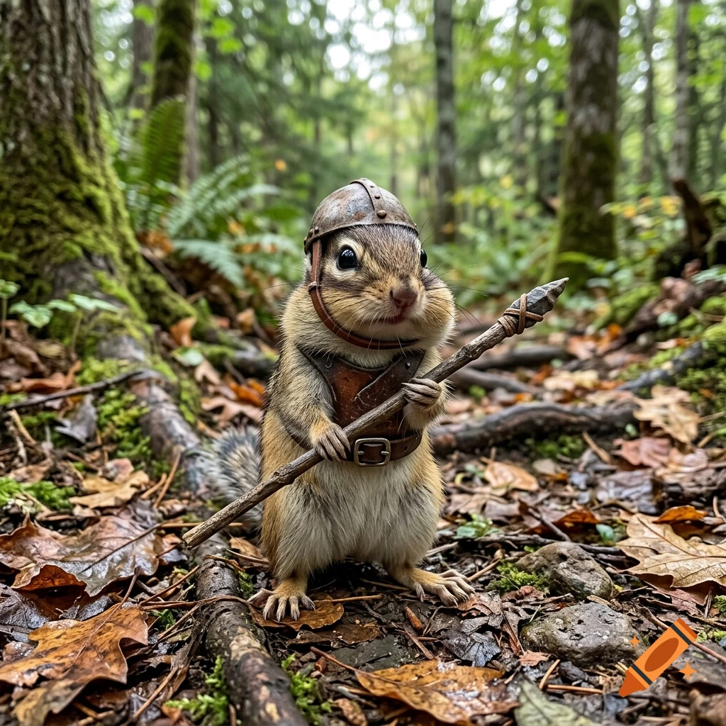 A small chipmunk wearing a tiny leather helmet and holding a spear stands on a forest floor covered in leaves.