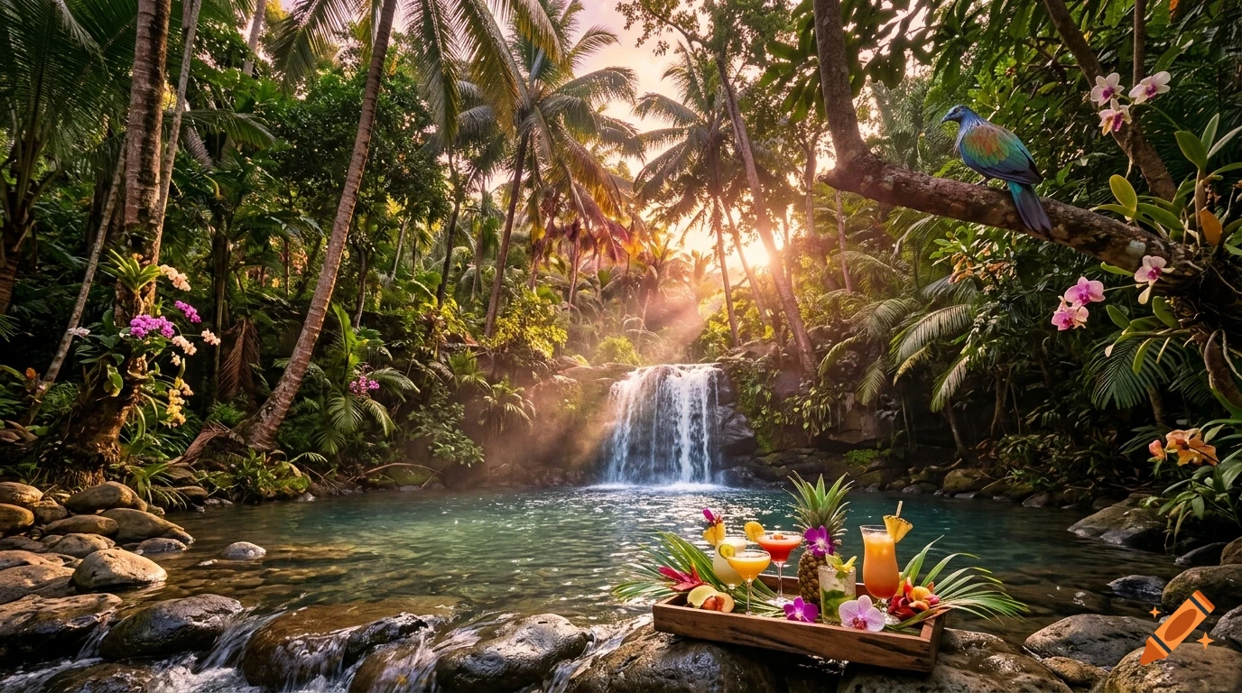 A tranquil tropical waterfall surrounded by lush palm trees, with a tray of colorful cocktails and fresh fruit resting on a mossy rock in the foreground.