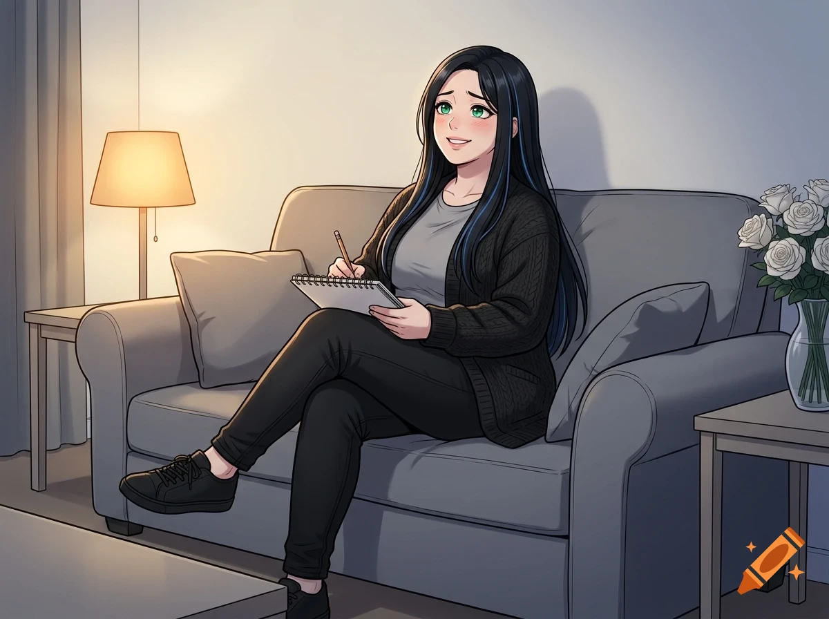 An anime-style illustration of a woman with long black hair sitting on a gray couch, holding a notepad and pencil while drawing indoors.
