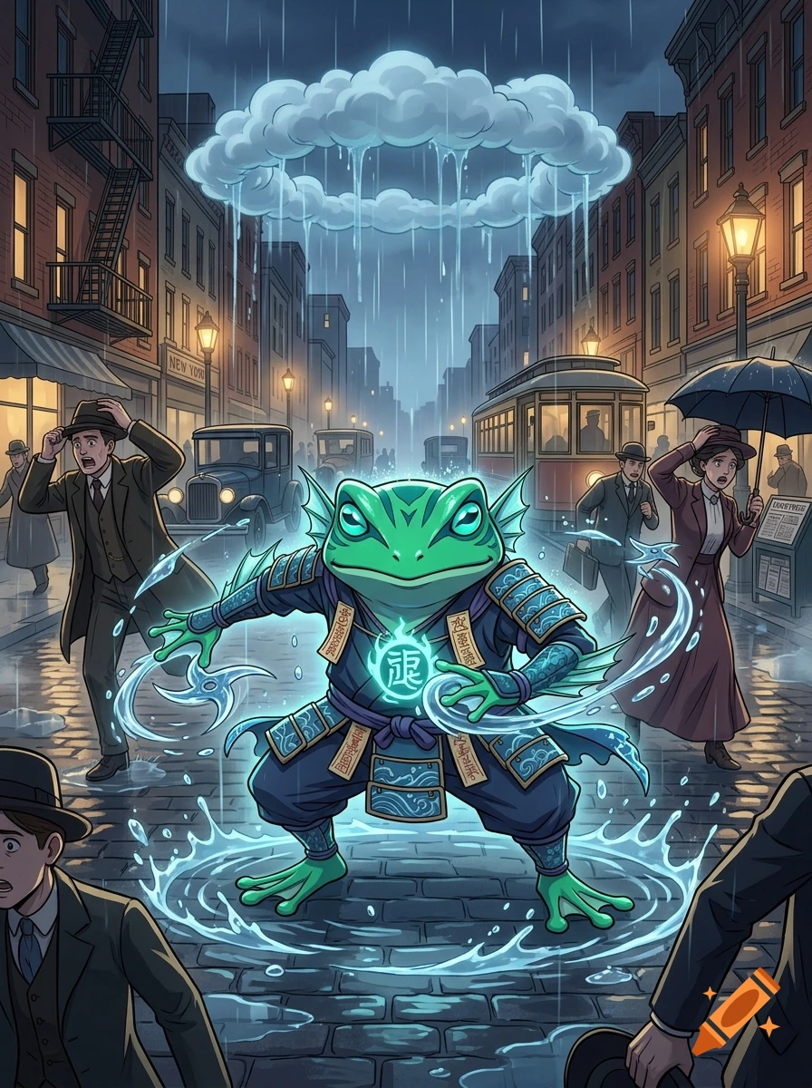 An anime style green ninja frog summoning water shurikens in a rainy 1900s New York street, panicking onlookers.