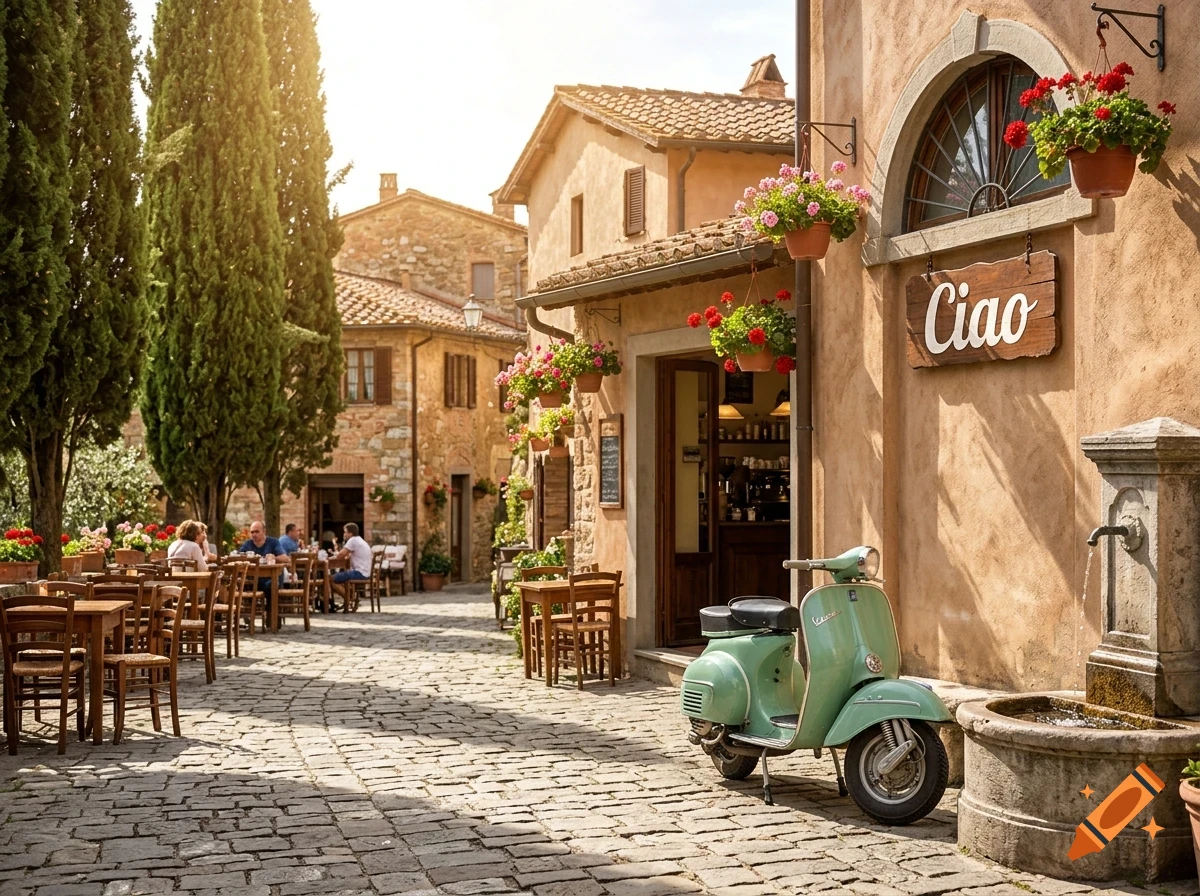 A sunny cobblestone street in an Italian village with a green scooter, outdoor café seating, stone buildings, and tall cypress trees.