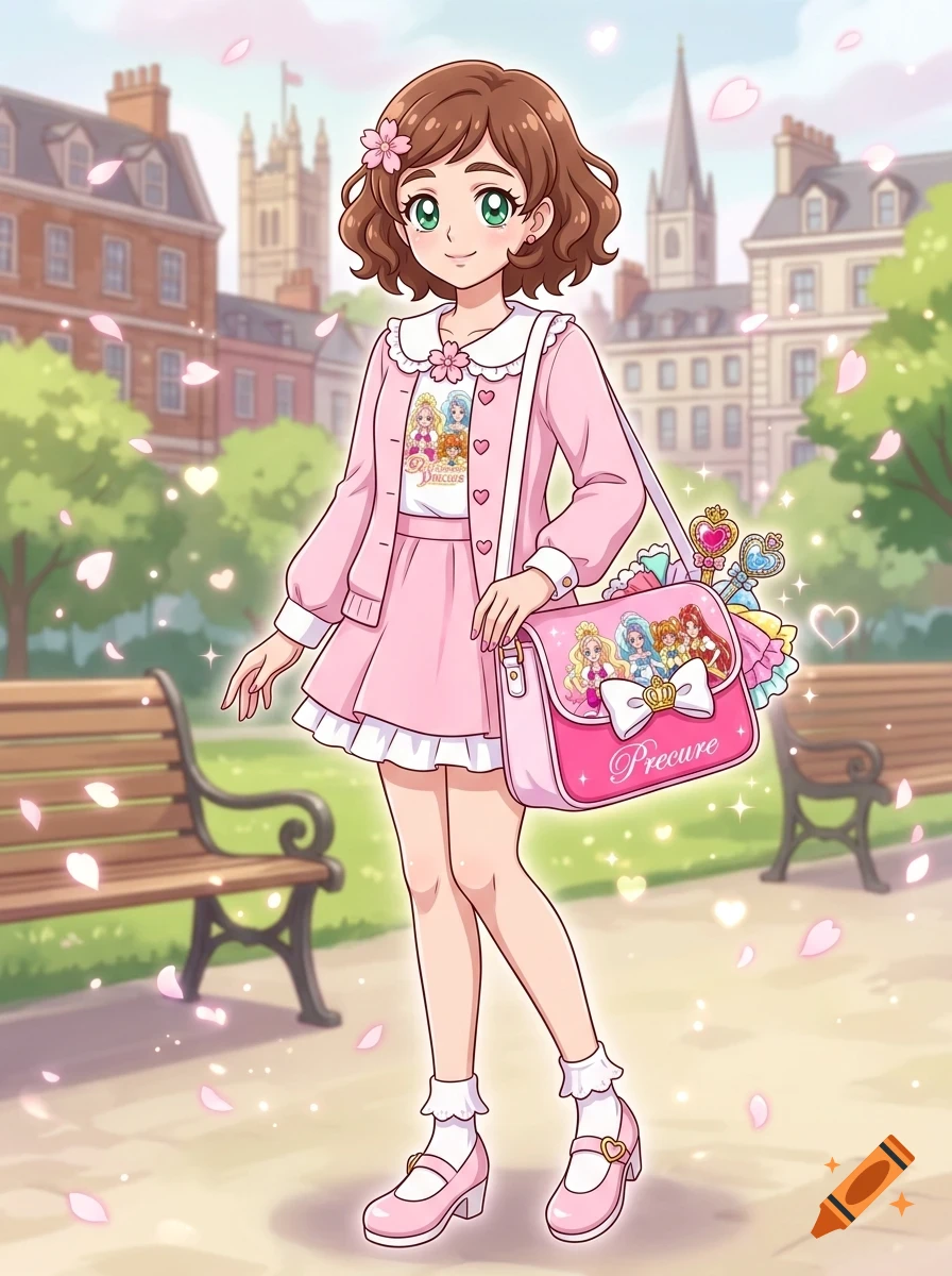 An anime-style illustration of a smiling young woman with brown hair, wearing a pink outfit, carrying a matching pink shoulder bag, and standing in a park with benches and buildings in the background.