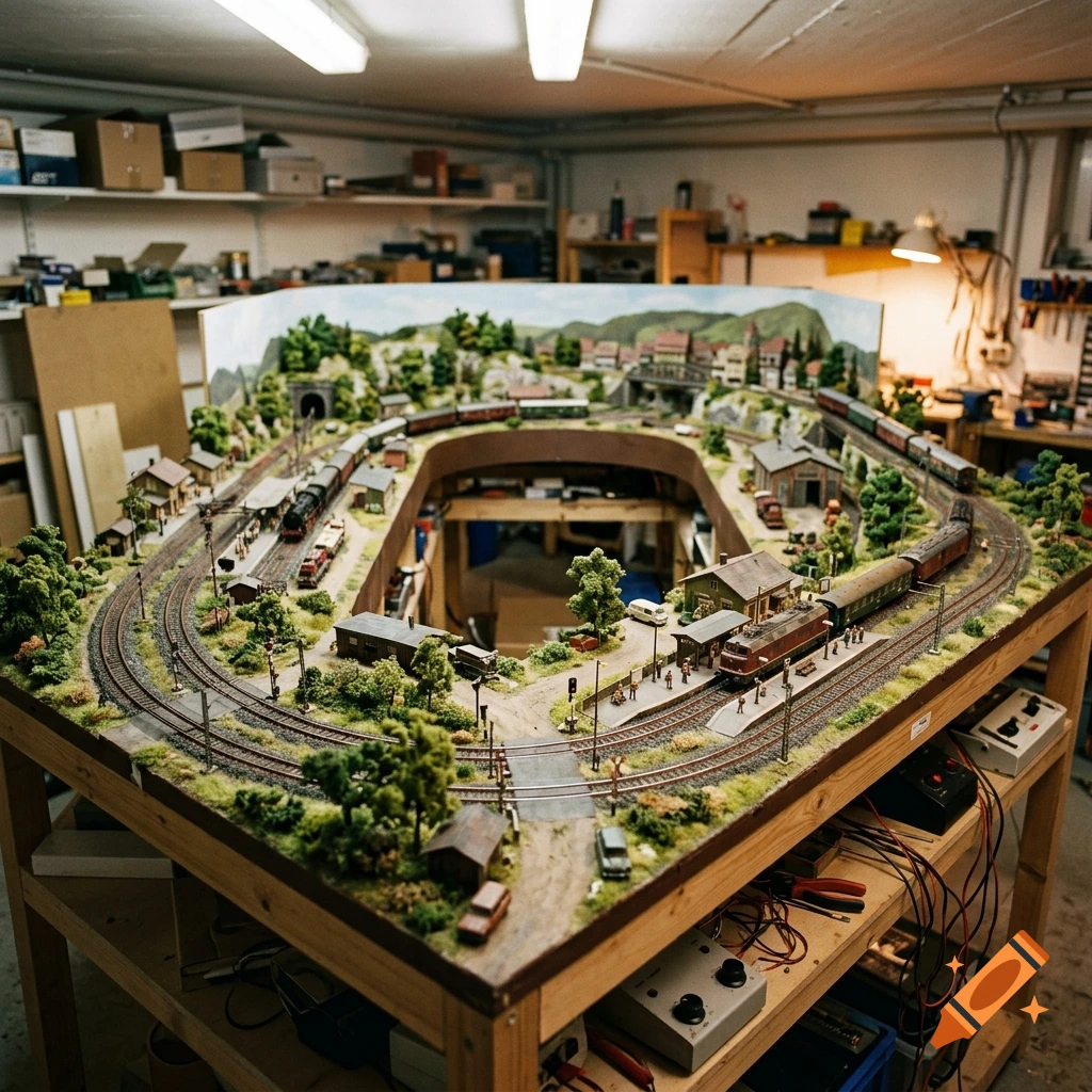A detailed U-shaped H0 scale model railroad layout on a wooden workbench in a workshop.