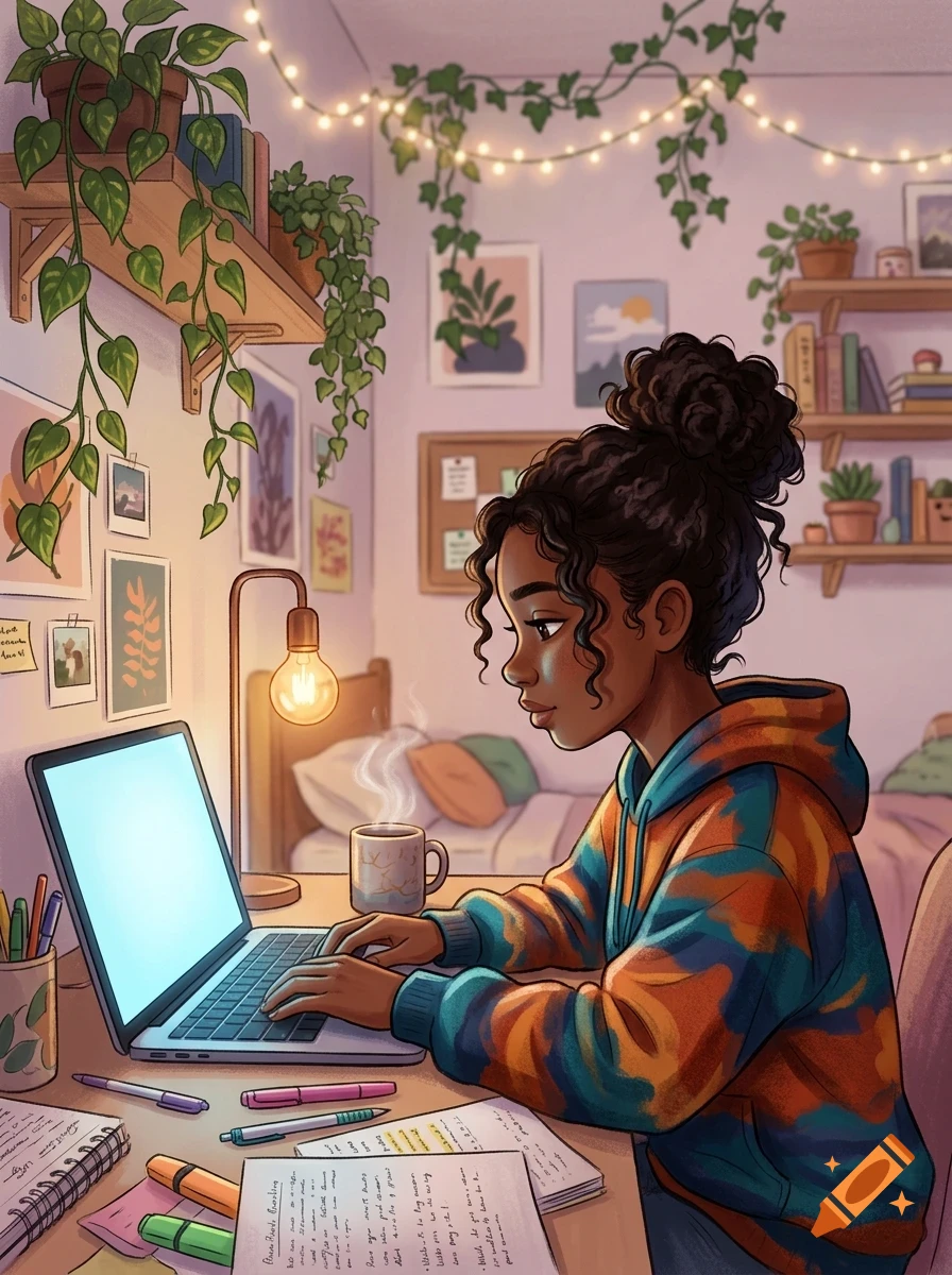 An illustrated portrait of a young person typing on a laptop at a cozy, plant-filled desk.