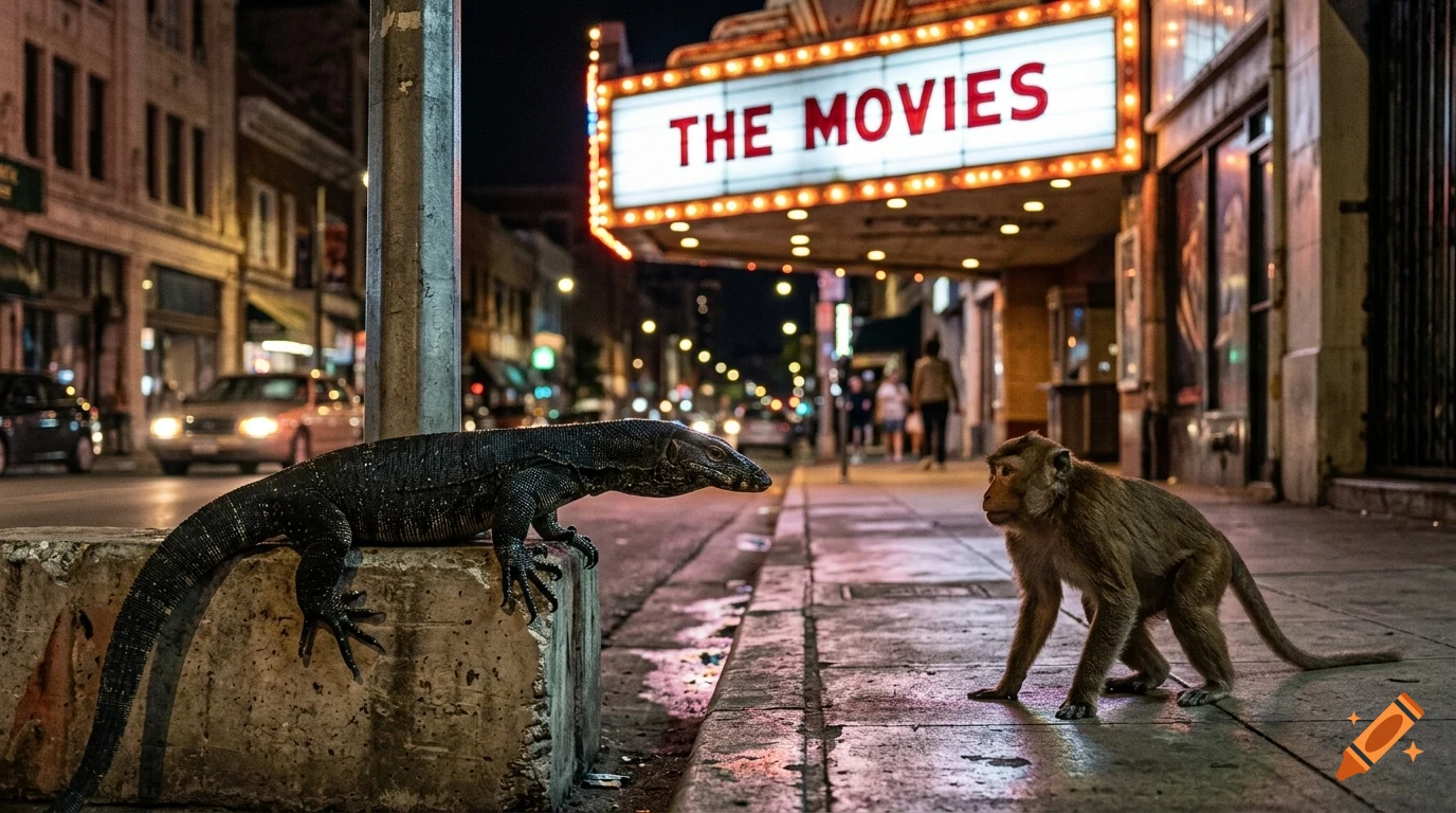 A large lizard and a monkey face each other on a city sidewalk at night with a movie theater in the background.