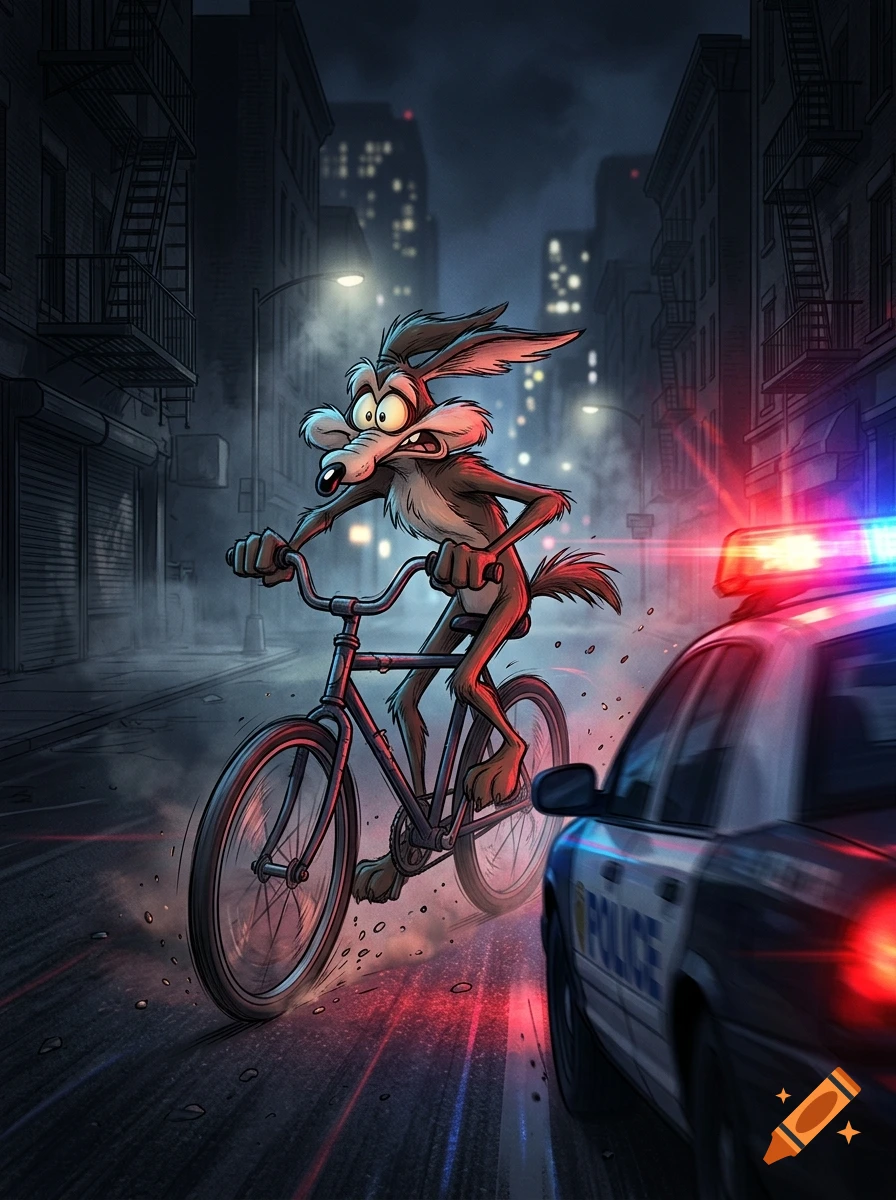 Wile E. Coyote riding a bicycle at night, fleeing from a police car with flashing lights in a city street, digital illustration.