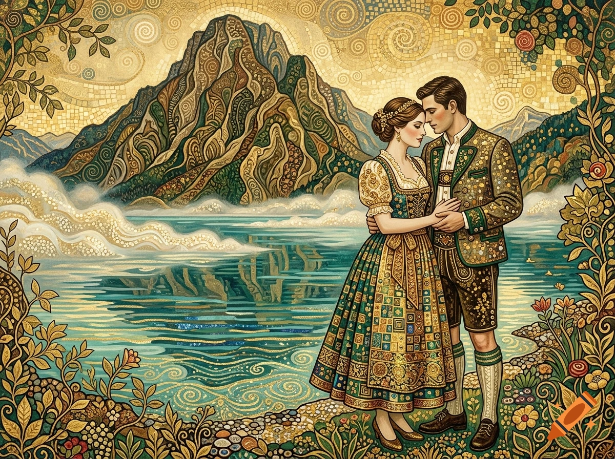 A couple in traditional Austrian tracht standing by a lake with mountains in the background, in the style of Gustav Klimt.