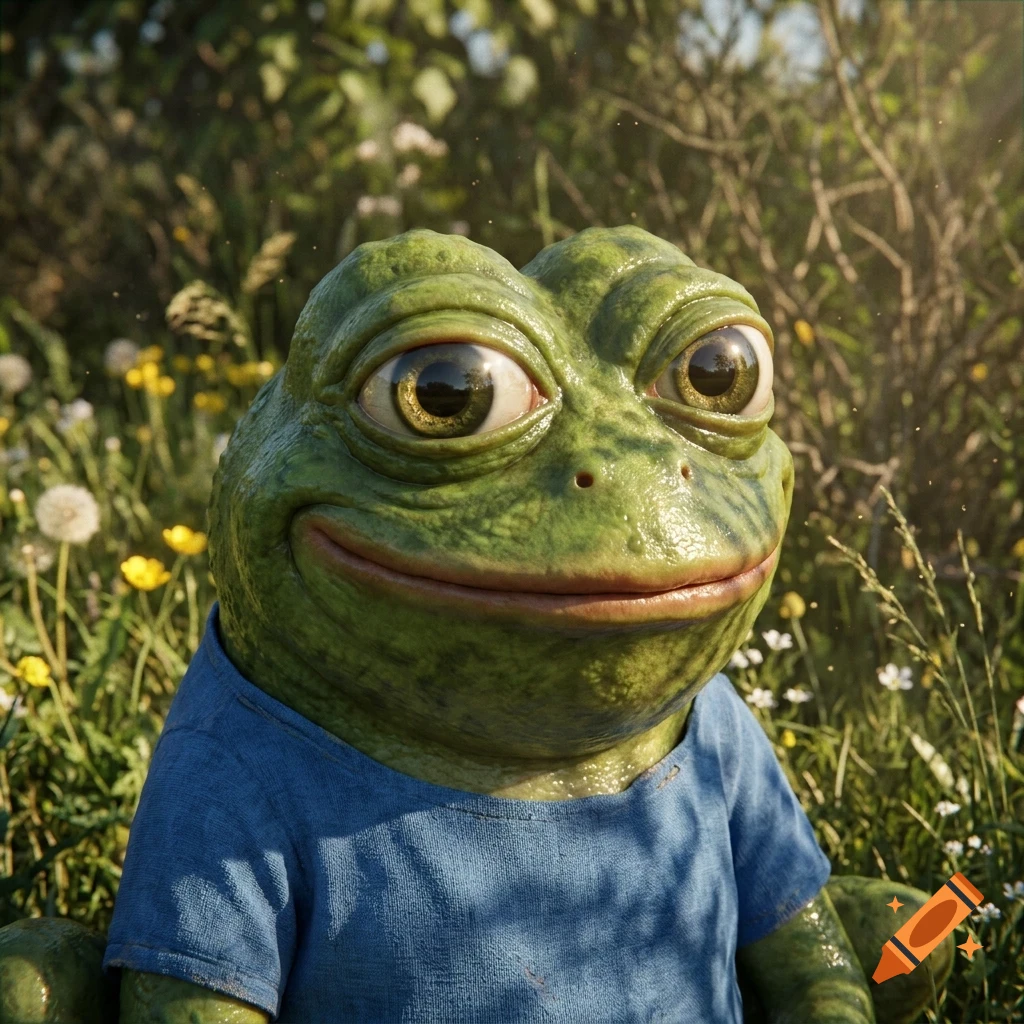A detailed 3D rendering of a green frog wearing a blue t-shirt, sitting outdoors in a grassy field with wildflowers.