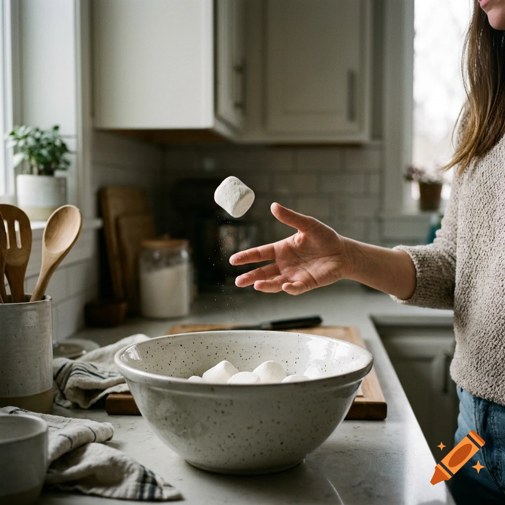 Photorealistic image of a person throwing a marshmallow into a bowl in a kitchen.