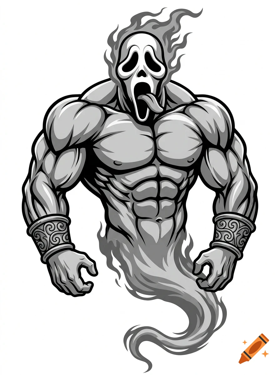 An illustration of a muscular, ghost-like figure with a screaming mask, sticking its tongue out and ending in a smoky tail, rendered in shades of grey.