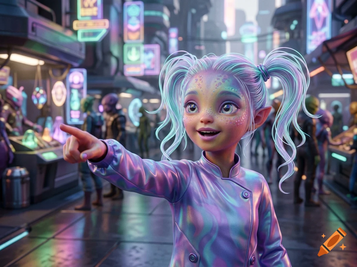 An alien girl with pastel purple and blue pigtails and iridescent skin points forward while exploring a futuristic city street with glowing neon signs.