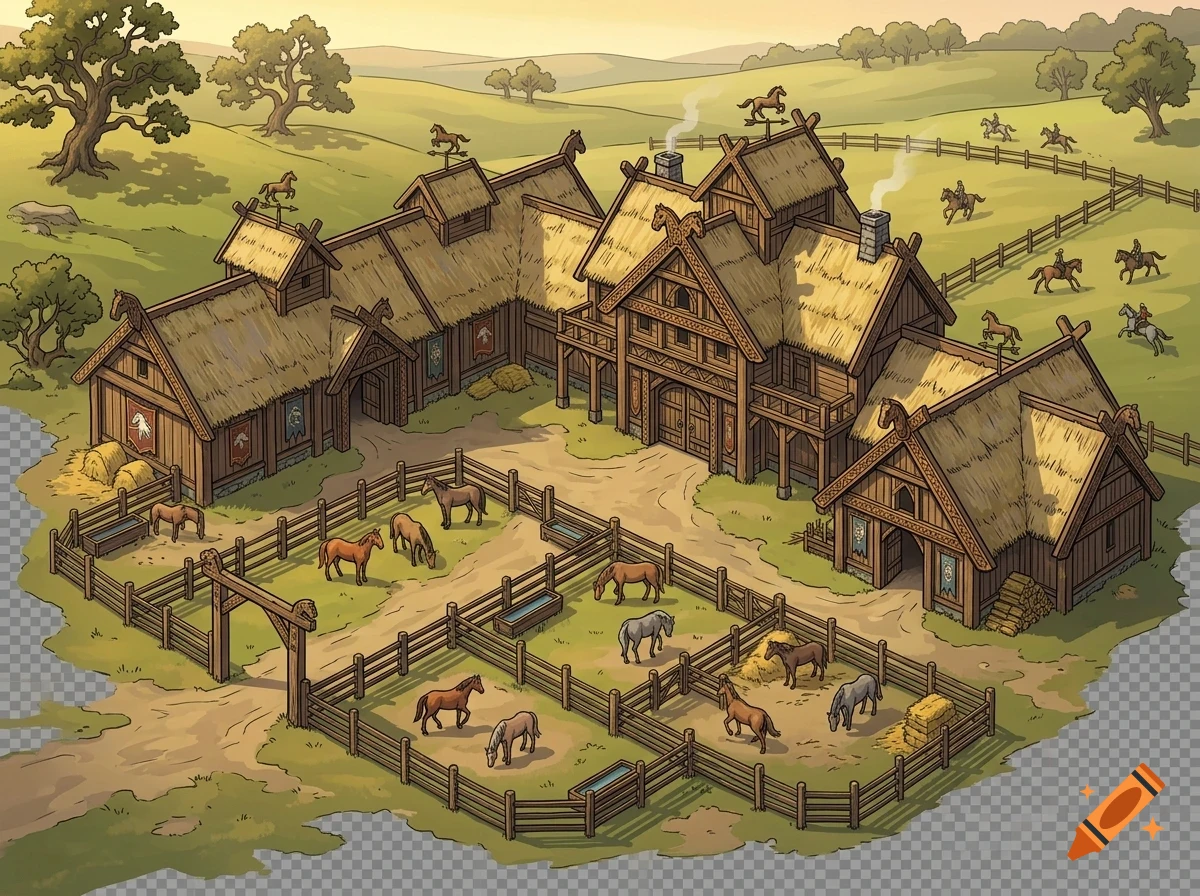 An illustrated birds-eye view of a historic Viking horse farm with wooden longhouses, fenced paddocks, and many horses grazing in pastures.