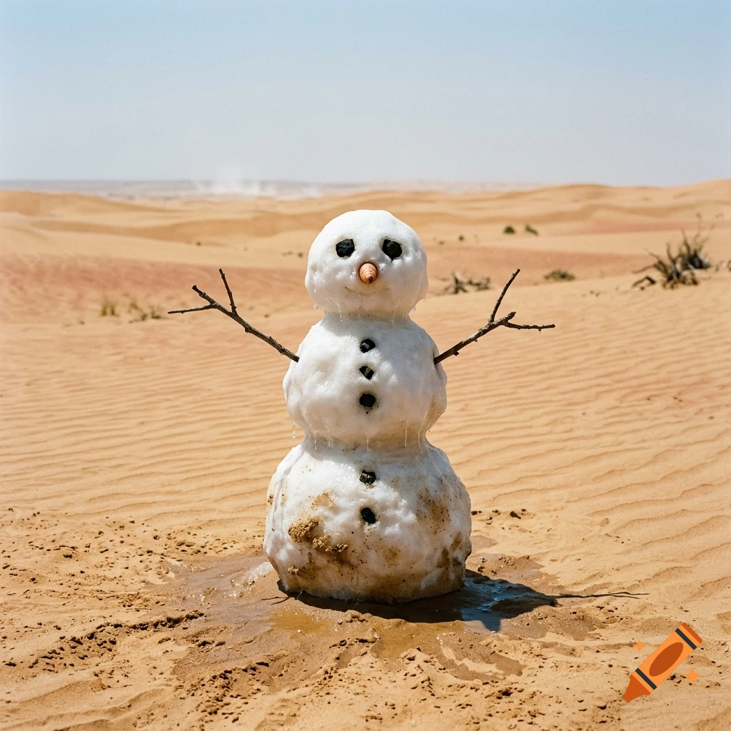 Photorealistic image of a melting snowman with a carrot nose and twig arms standing in the middle of a vast desert sand dune.