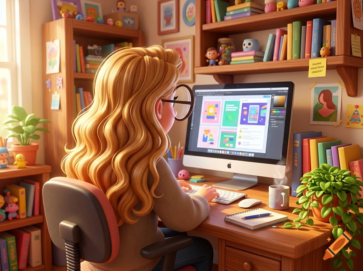 A 3D animated illustration of a blonde woman sitting at a desk in a cozy room, working on a computer.