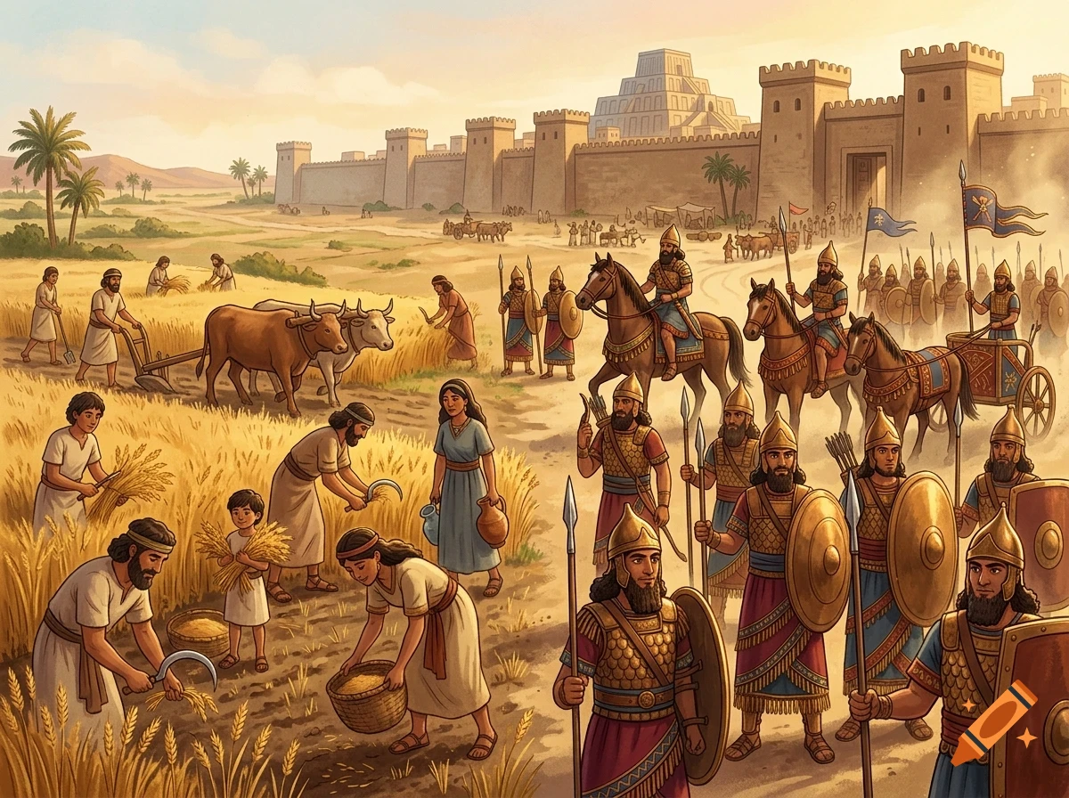 An illustrated depiction of ancient Mesopotamia showing people farming and harvesting wheat on the left, alongside soldiers and cavalry near a fortified city wall on the right.