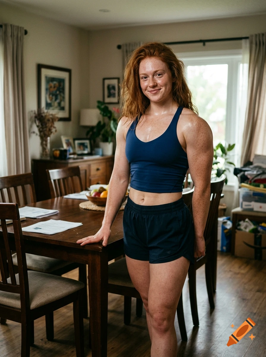 Photorealistic portrait of a fit young redhead female bodybuilder standing in a dining room.