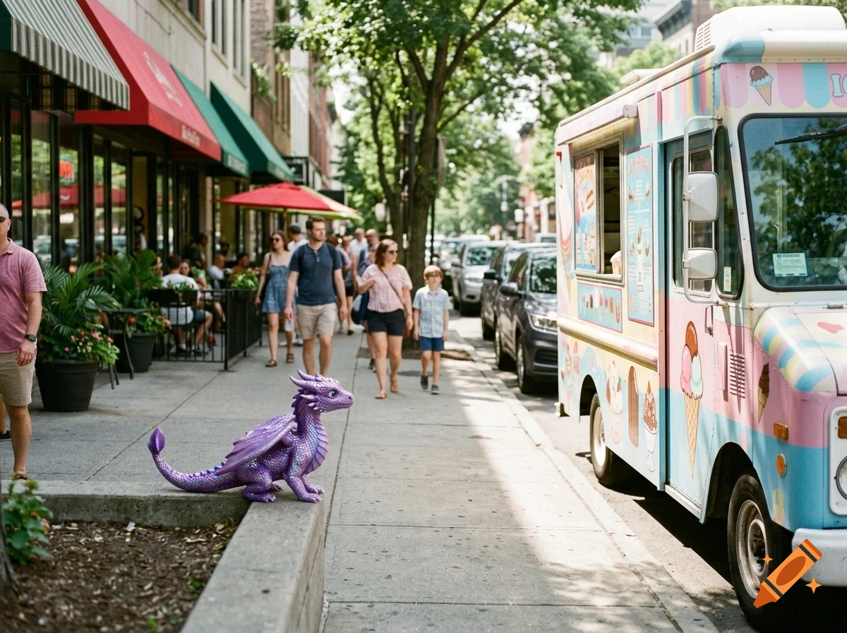 A small purple glittery dragon statue sits on a ledge on a bustling city sidewalk beside an ice cream truck and storefronts.