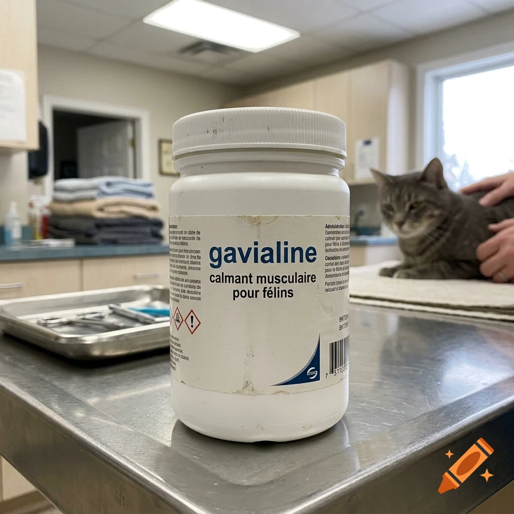 A white plastic container of medication stands on a metal table in a veterinary office, with a grey cat in the background.