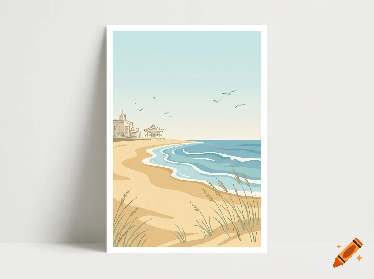 An illustrated print depicting a calm beach scene with gentle ocean waves, seagulls, coastal dunes, and buildings in the distance.