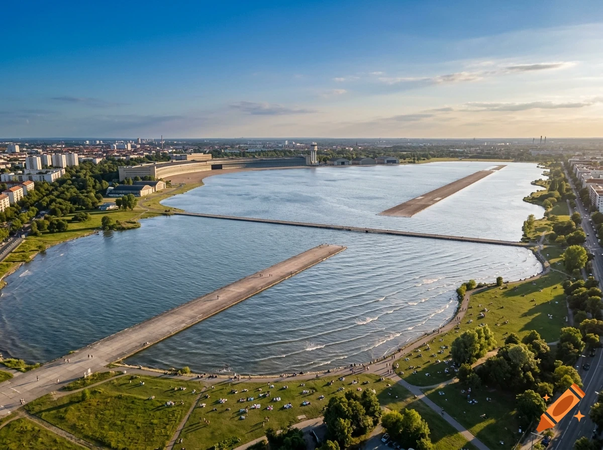 An aerial view of a large lake with long concrete jetties extending into the water, bordered by grassy shores with scattered people and distant urban buildings under a partly cloudy sky.