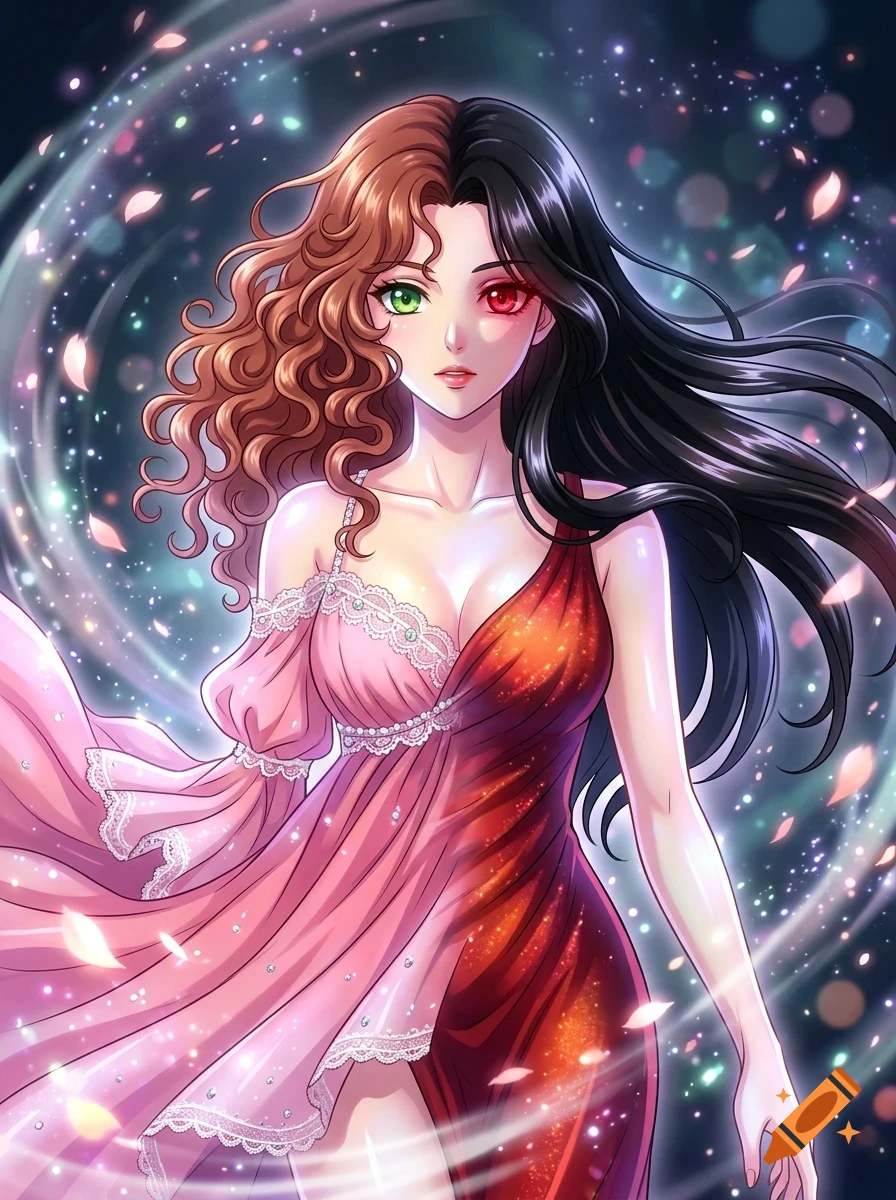 An anime-style digital illustration of a woman with dual-colored hair and dress, surrounded by glowing sparkles and floating petals.