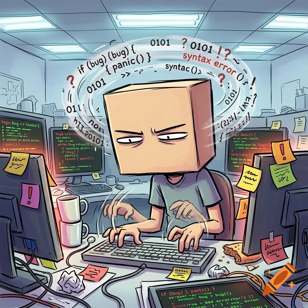 An illustration of a stressed person with a cardboard box on their head typing frantically on a keyboard surrounded by multiple monitors and code.