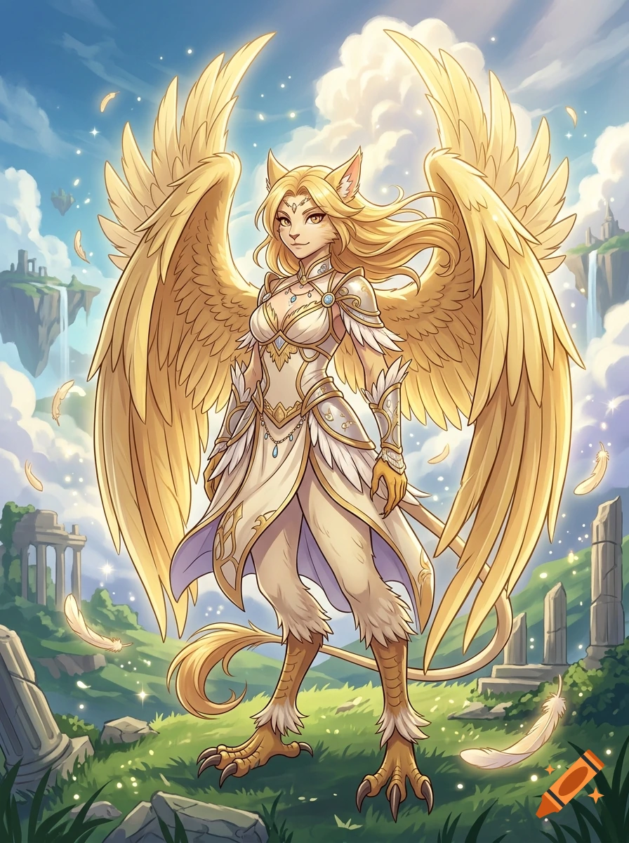 An anime-style female griffin-angel hybrid with golden wings and clawed feet standing in a fantasy landscape.