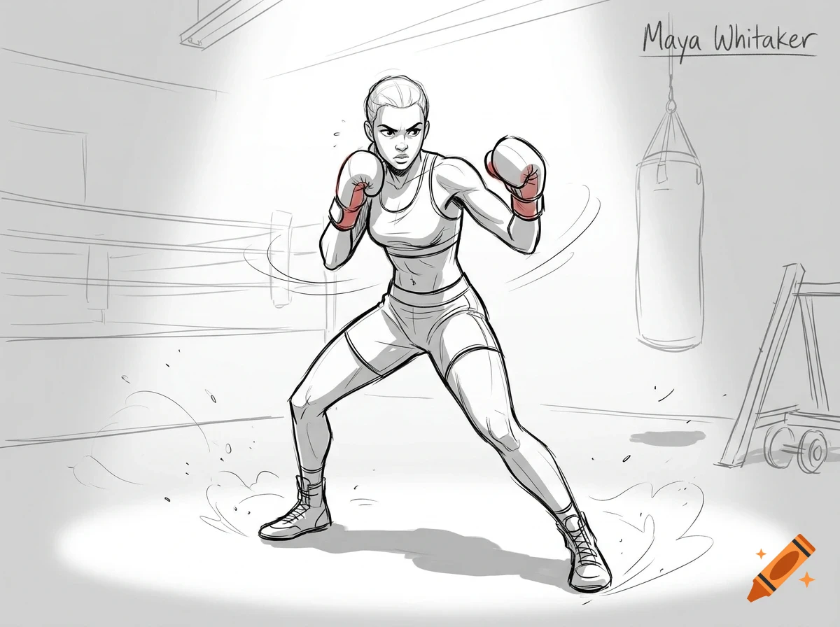 A black and white sketch of a female boxer in a fighting stance inside a gym, with red accents on her boxing gloves and the name Maya Whitaker written at the top.