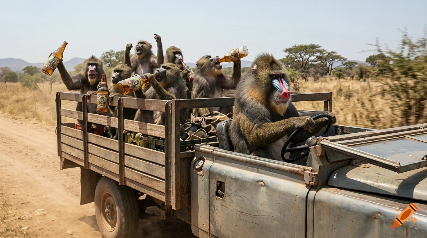 Photorealistic image of mandrill monkeys riding in the back of an open-top truck, drinking beer and cheering.