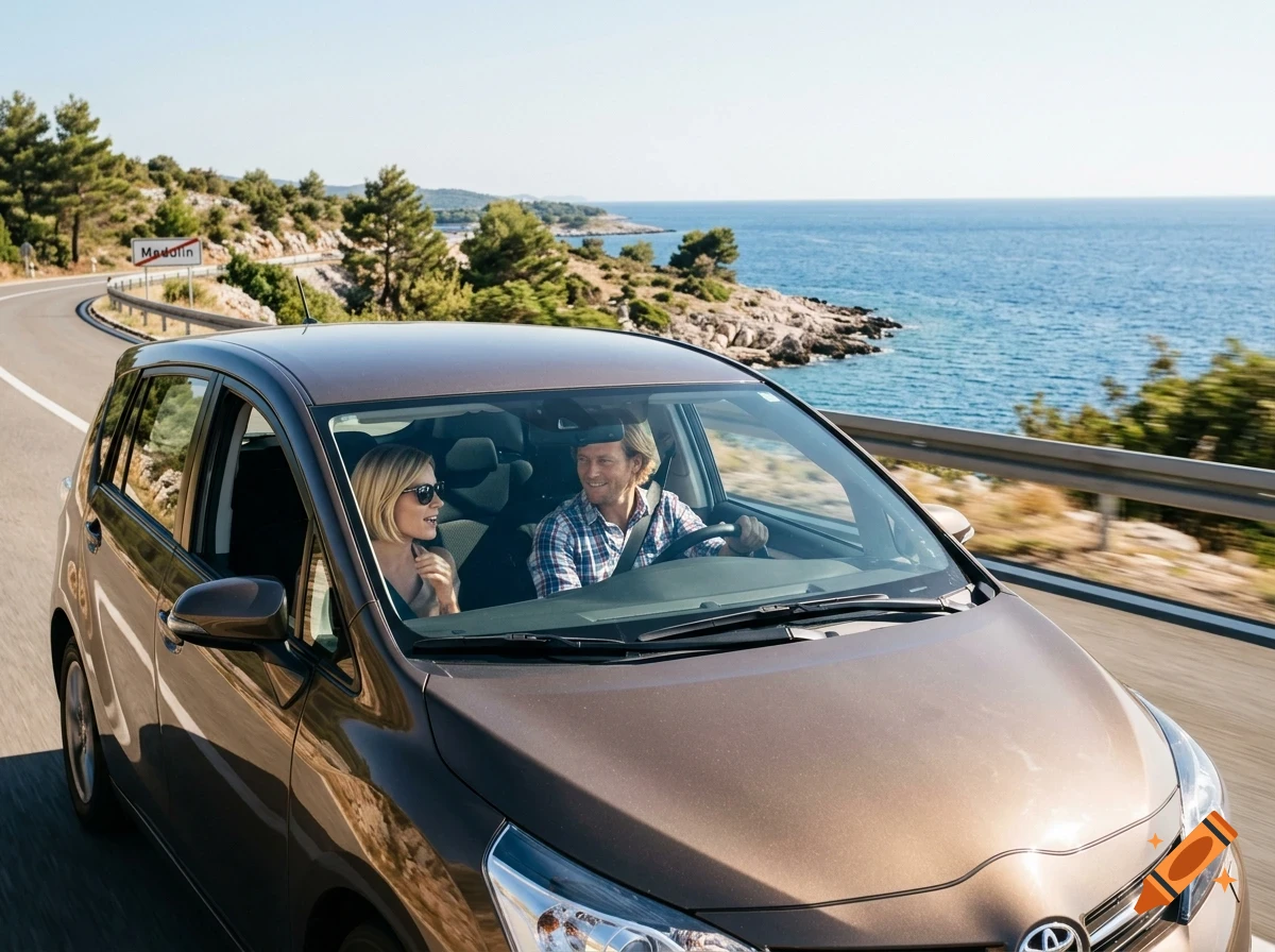A man and woman driving a brown car along a scenic coastal road next to the ocean.
