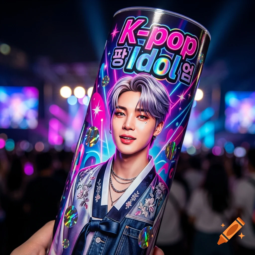 A cylindrical container features a portrait of a K-pop idol with purple hair and stylized clothing, surrounded by neon lights and holographic accents against a blurred concert background.