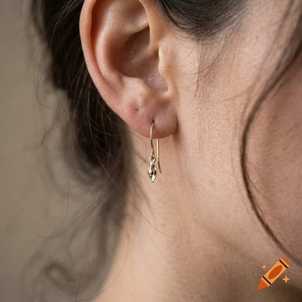 Close-up of a human ear wearing a small, delicate gold hook earring, photorealistic.