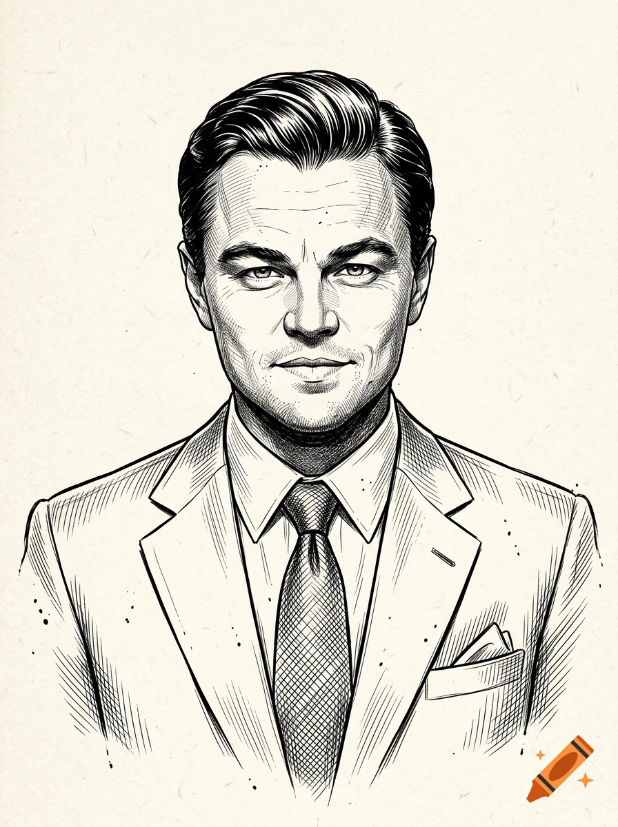 Black and white ink sketch portrait of a man in a suit with slicked-back hair.