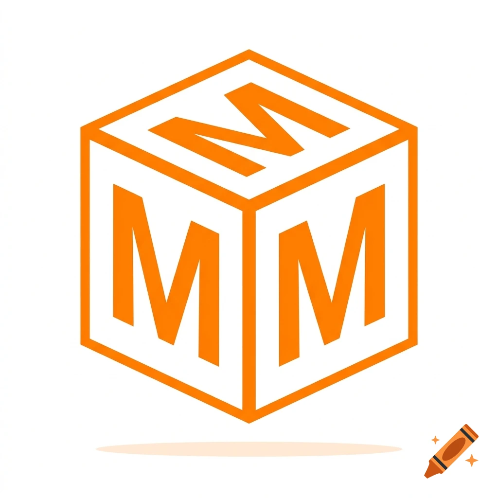 A 3D isometric white cube with orange outline and the letter M in orange on each visible side.