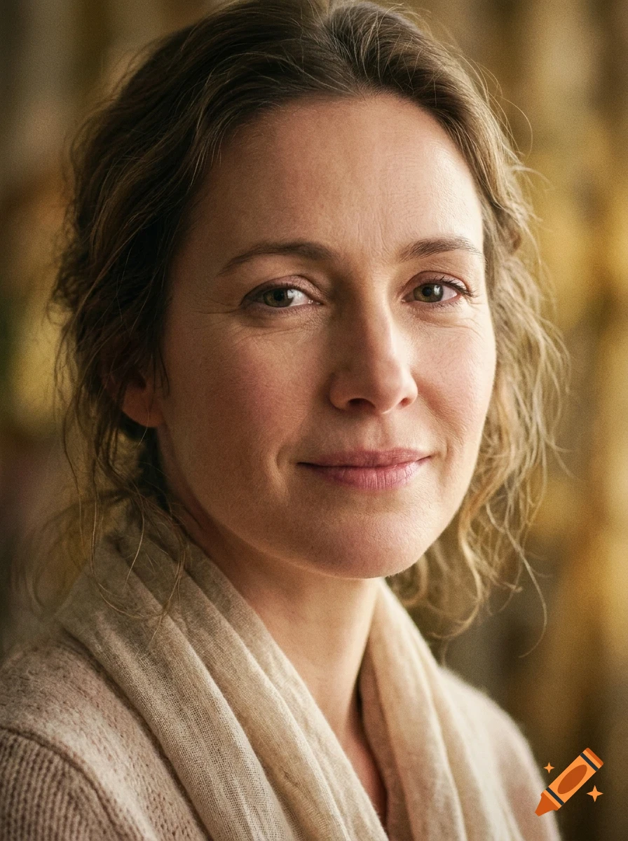 Close-up portrait of a woman with wavy brown hair, looking at the camera with a gentle smile.