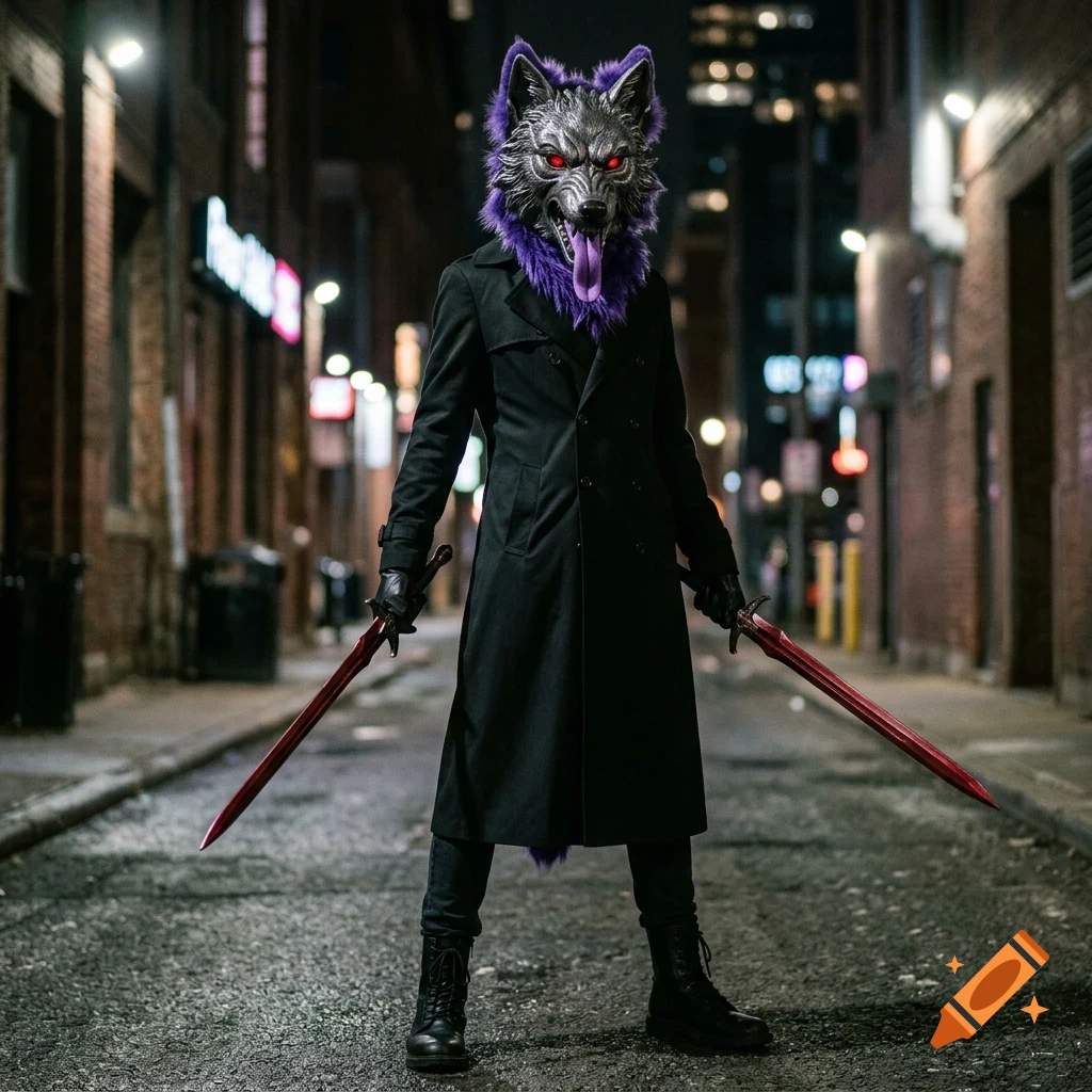 A person in a black coat and wolf mask holding two red swords stands in an alleyway at night.