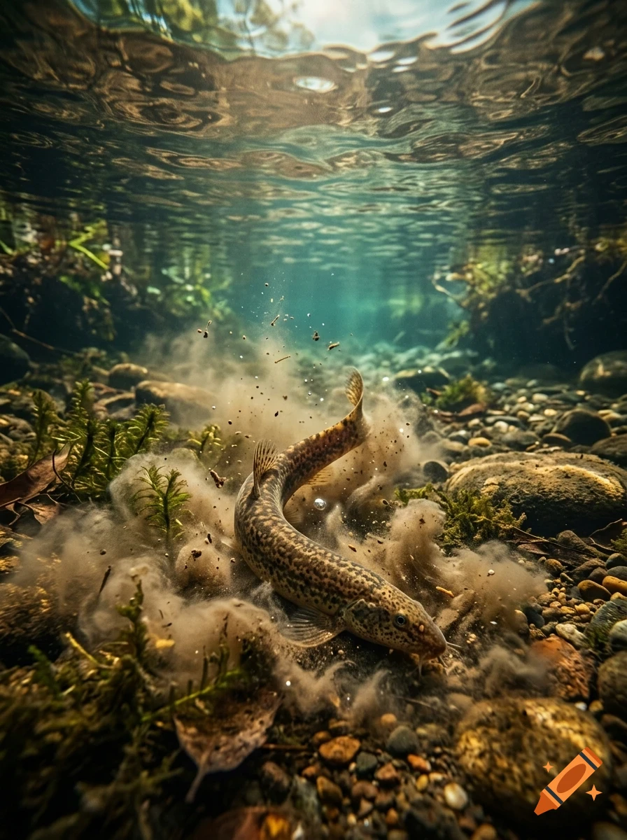 An underwater view of a speckled fish stirring up silt and sand from the bottom of a shallow, sunlit river.