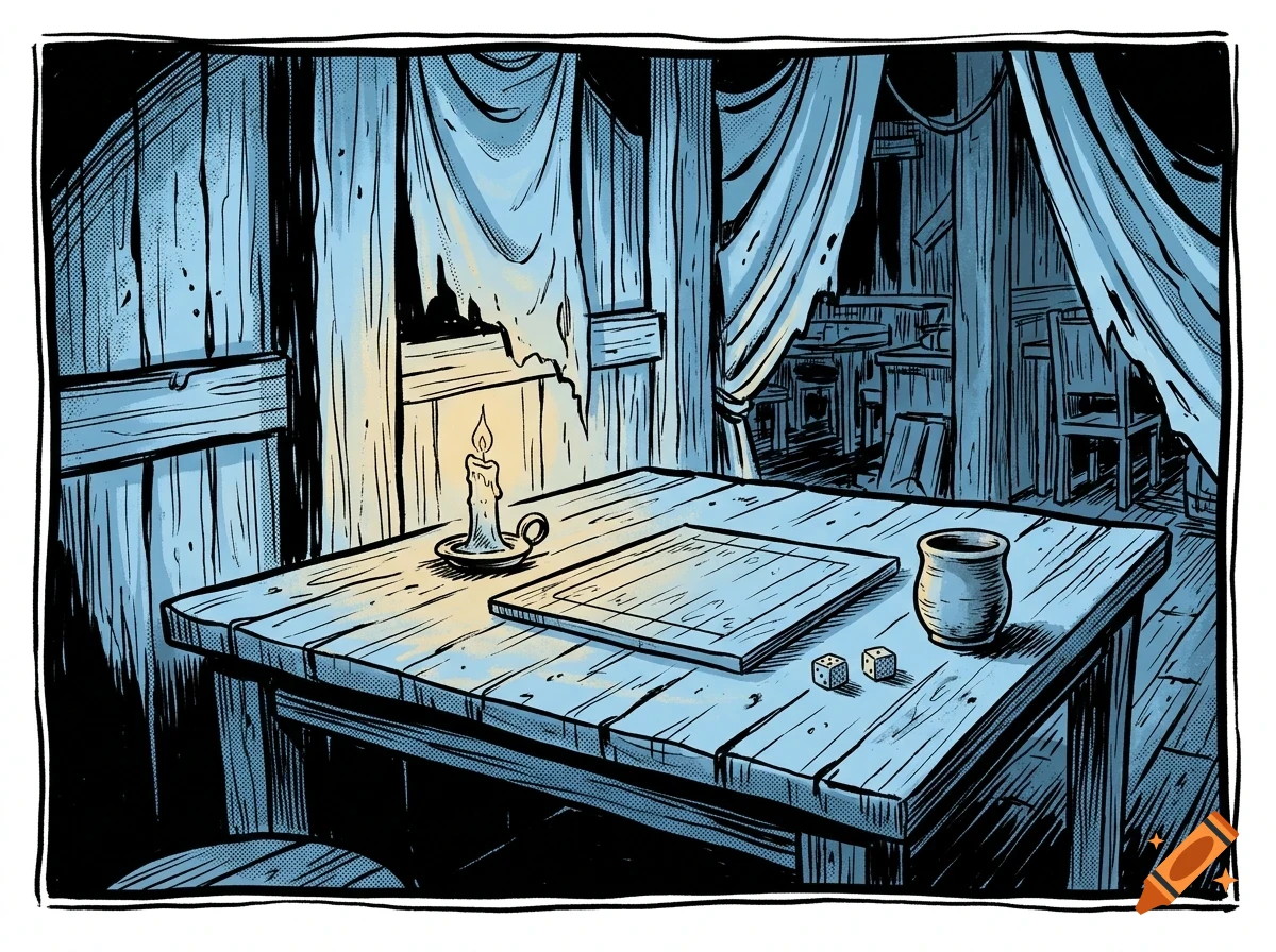 An illustrated interior scene of a dimly lit wooden room with a table holding a lit candle, a board game, a mug, and dice.