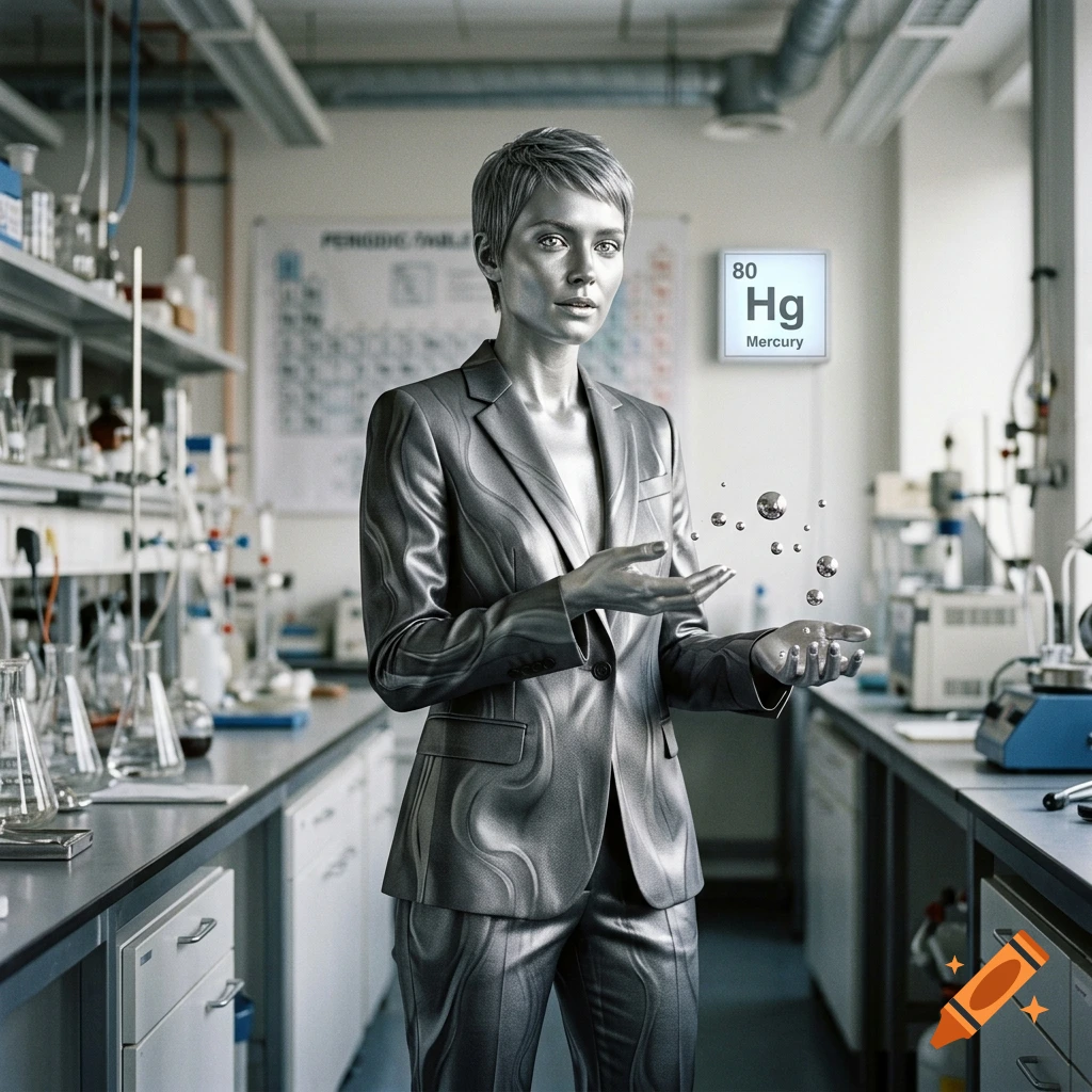 Photorealistic image of a person made of liquid mercury standing in a laboratory, holding floating metallic spheres, with a periodic table symbol for mercury on the wall.