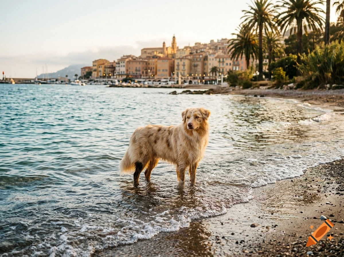 Photorealistic image of a golden retriever standing in the shallow water of a beach at sunset, with a coastal town and palm trees in the background.
