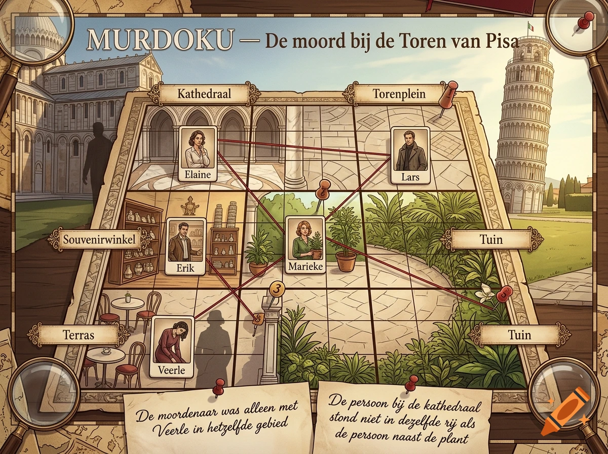 Illustrated puzzle board game scene set in Pisa with characters, grid lines, and clues.