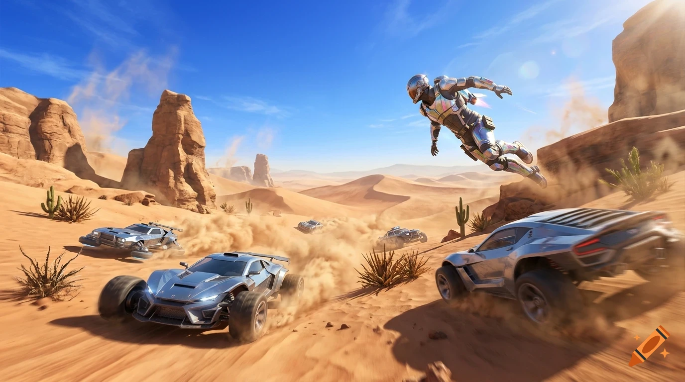 Futuristic desert scene with off-road cars kicking up dust and a character in sci-fi armor leaping through the air.