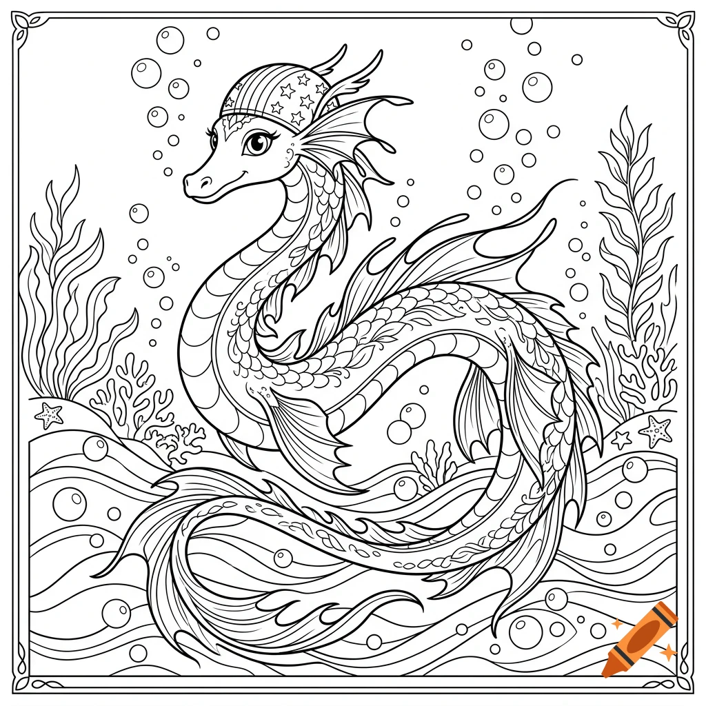 Black and white line art depicting a stylized sea dragon wearing a star-patterned cap, swimming underwater among bubbles, seaweed, and coral.
