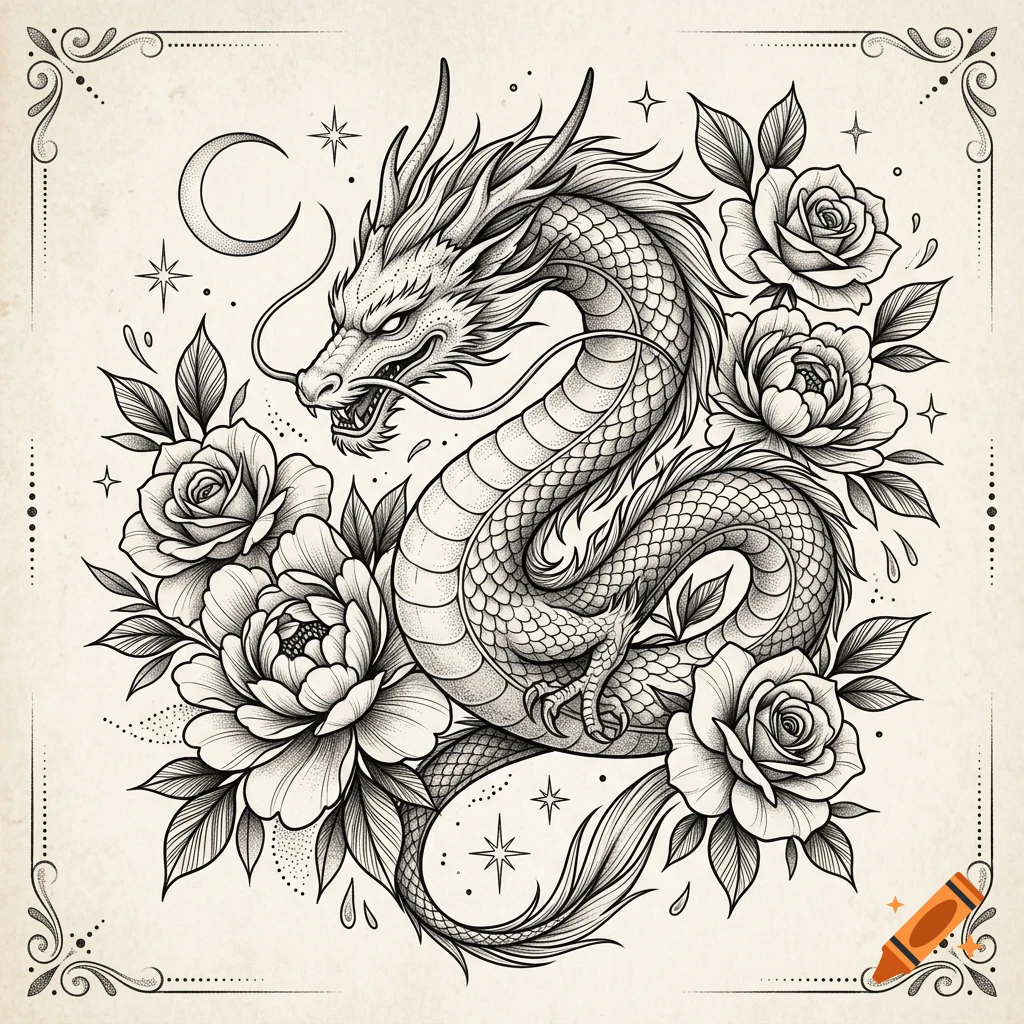An intricate black and white line art illustration of a coiled eastern dragon surrounded by blooming roses, peonies, stars, and a crescent moon.