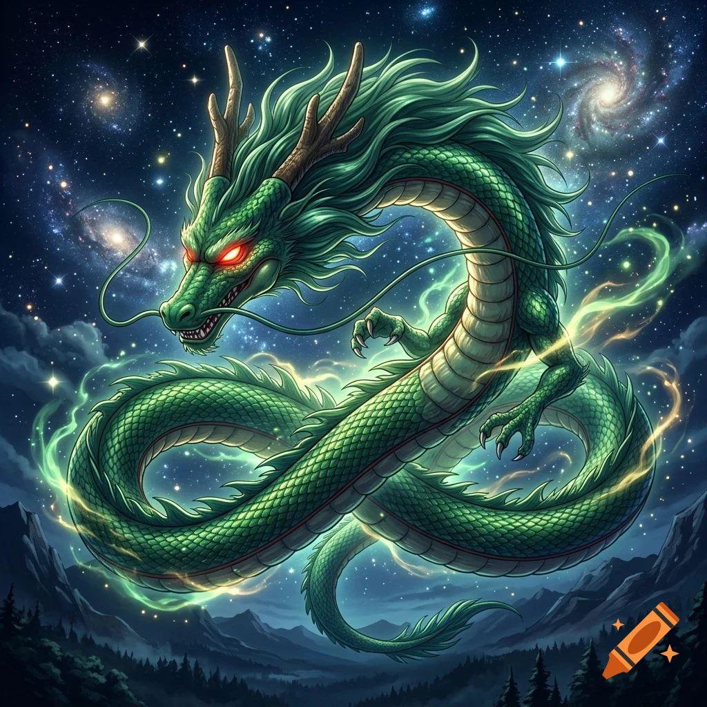 A majestic green dragon with glowing red eyes winds through a starry night sky filled with galaxies and clouds above a forest.