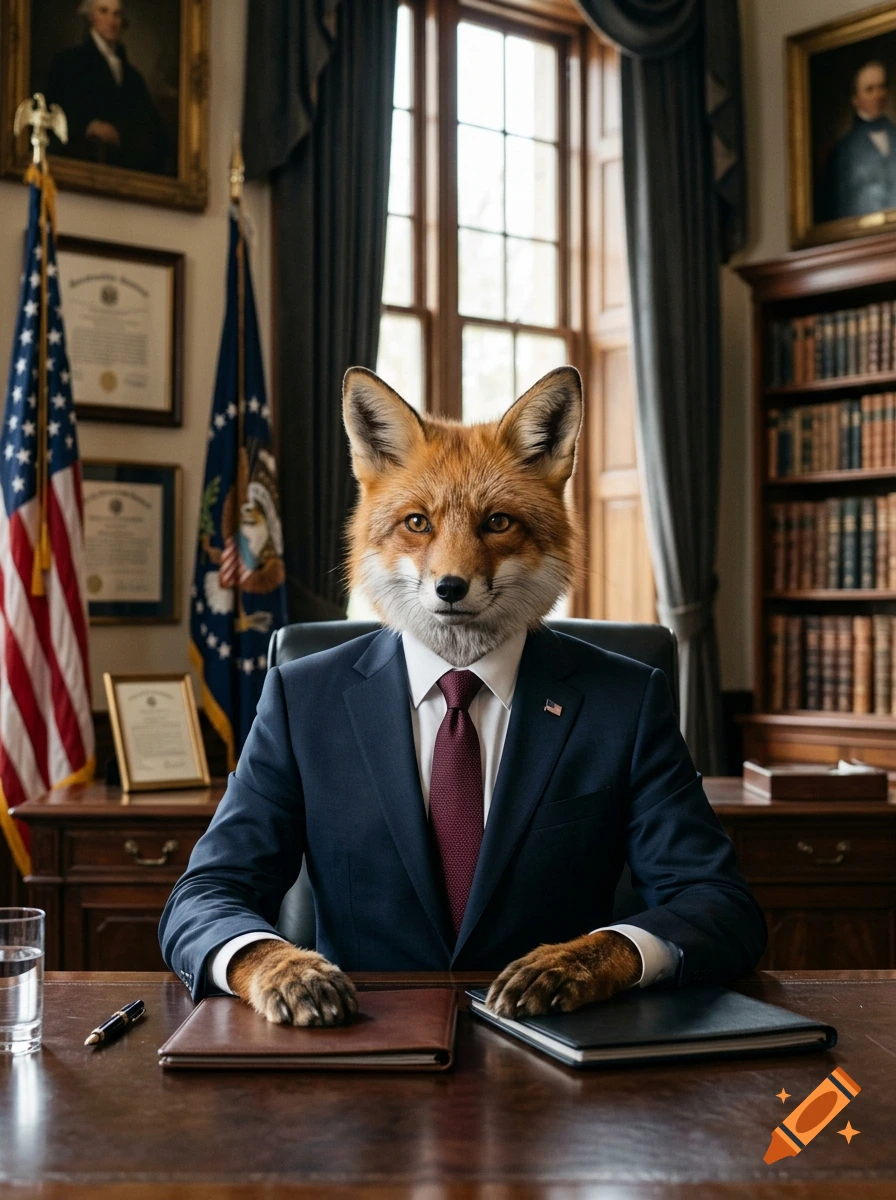 Photorealistic image of a fox with a human head wearing a suit sitting at a desk in the Oval Office.