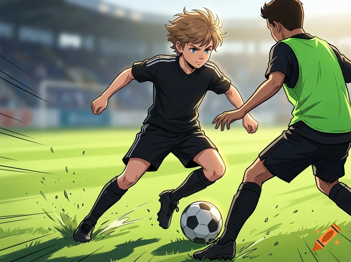 Two soccer players competing for the ball on a green field in a stadium.